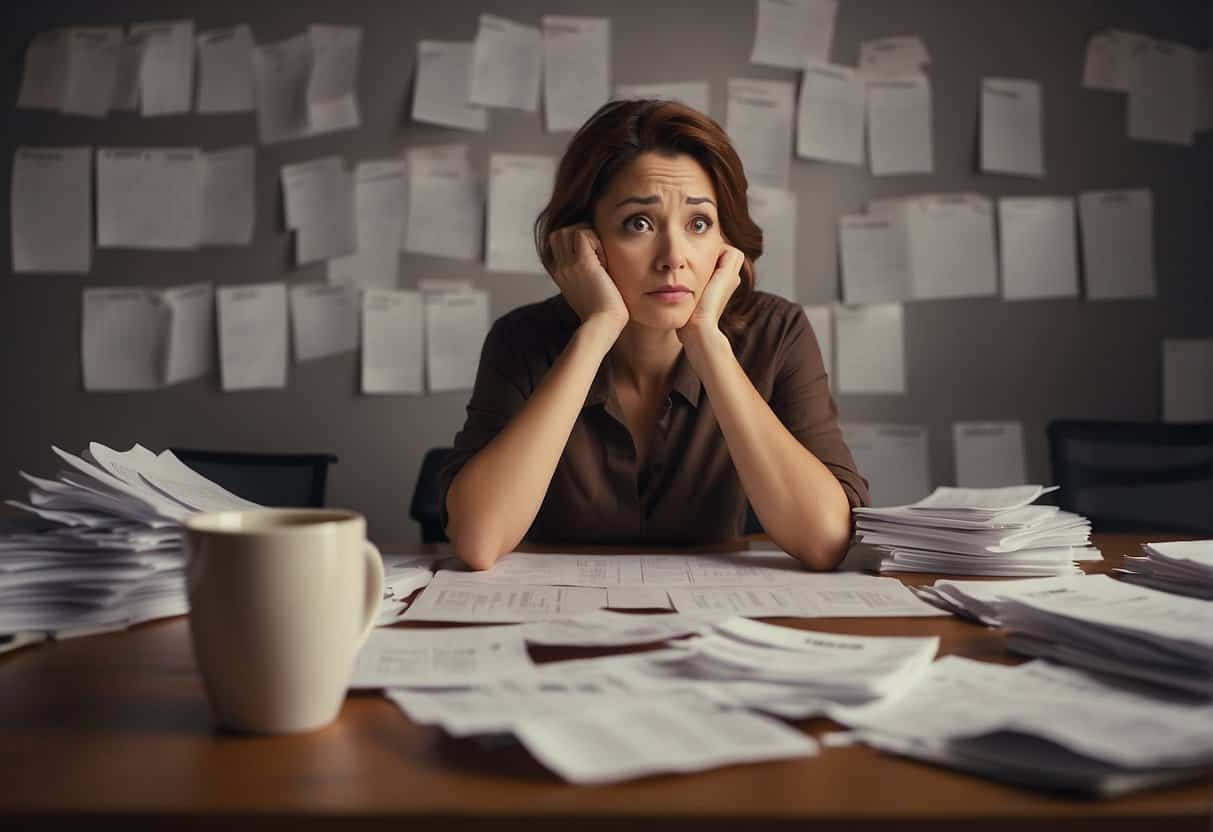 A woman stares at a calendar, surrounded by scattered papers and an empty coffee cup, with a look of frustration and confusion on her face