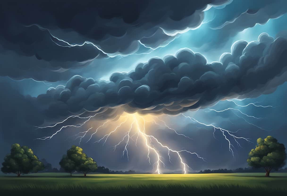 A stormy sky with dark clouds and flashes of lightning, representing the turbulent and unpredictable nature of menopause mood swings