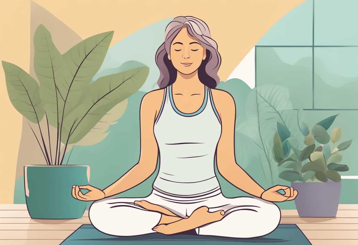A woman engages in yoga and deep breathing to manage menopause mood swings. She surrounds herself with calming colors and soothing music