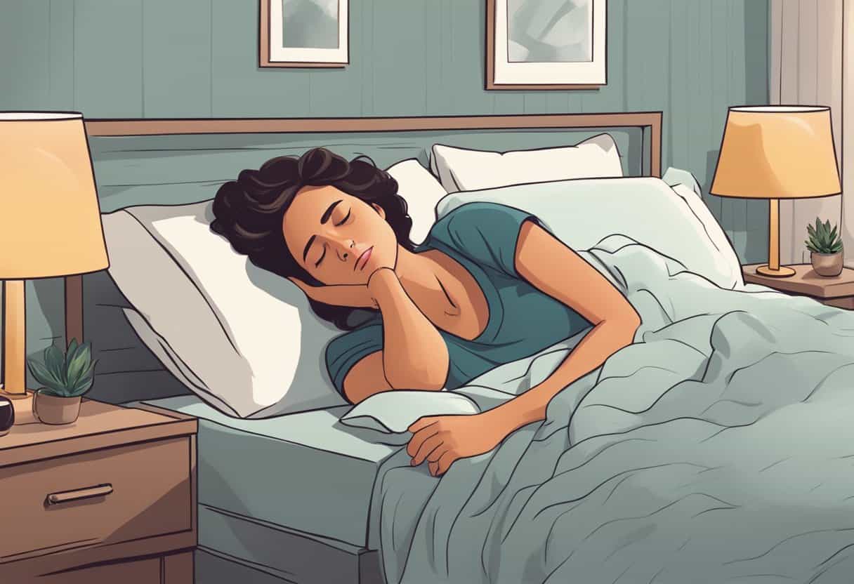 A woman lies awake in bed, tossing and turning, her sleep disrupted by hot flashes and night sweats