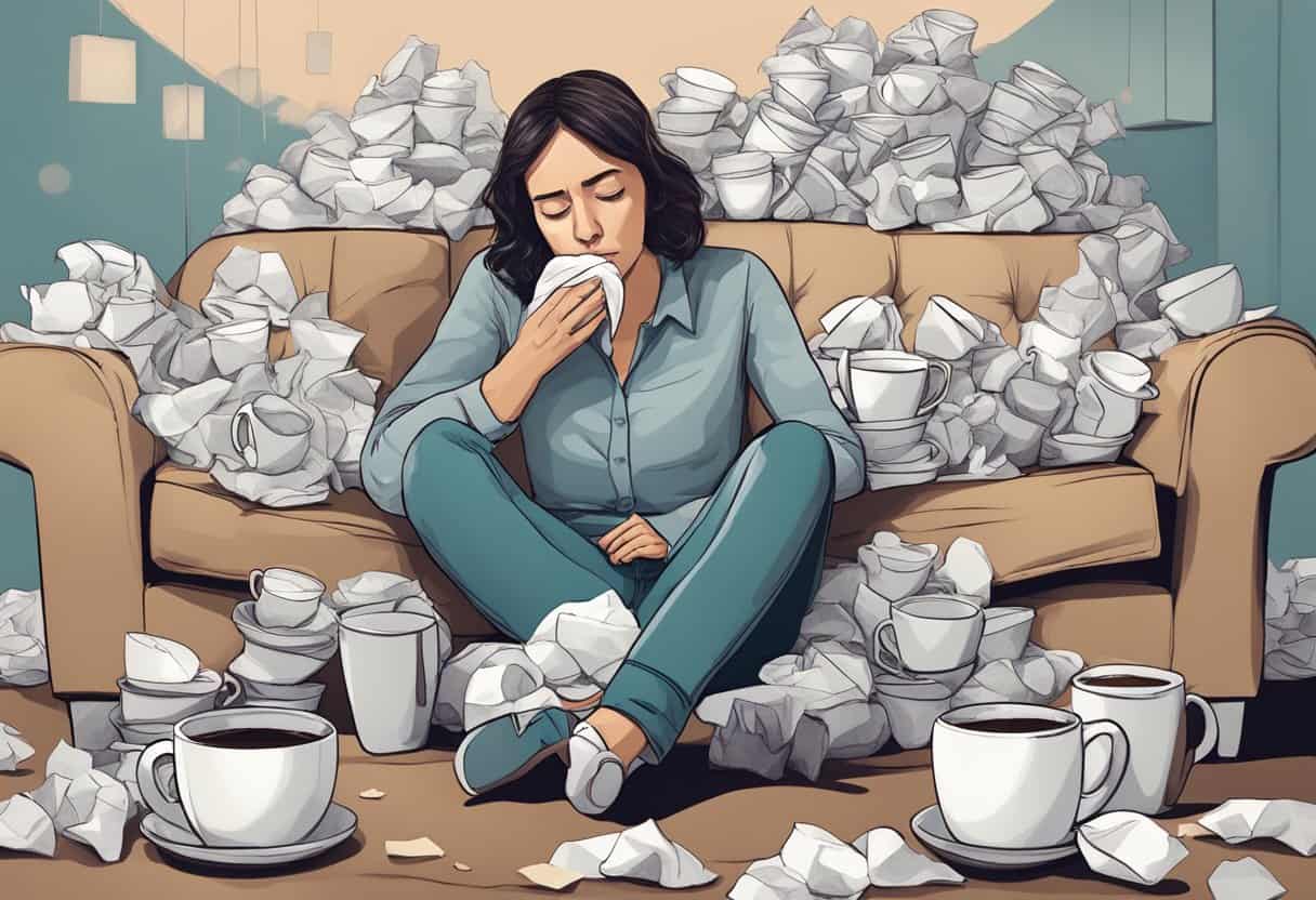 A woman sits on a couch, surrounded by empty coffee cups and crumpled tissues. Her eyes are heavy with exhaustion as she struggles to stay awake