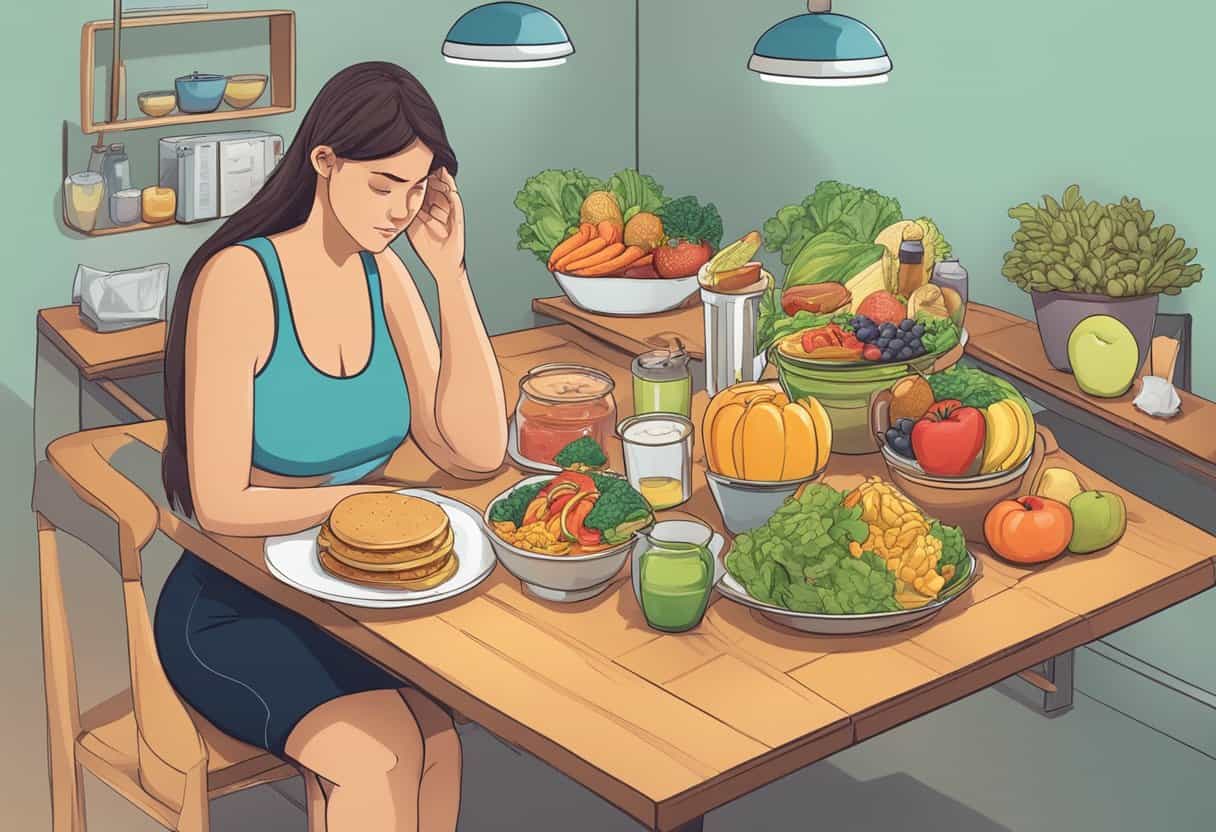 A table with healthy and unhealthy food options, a scale showing weight gain, and a woman feeling frustrated
