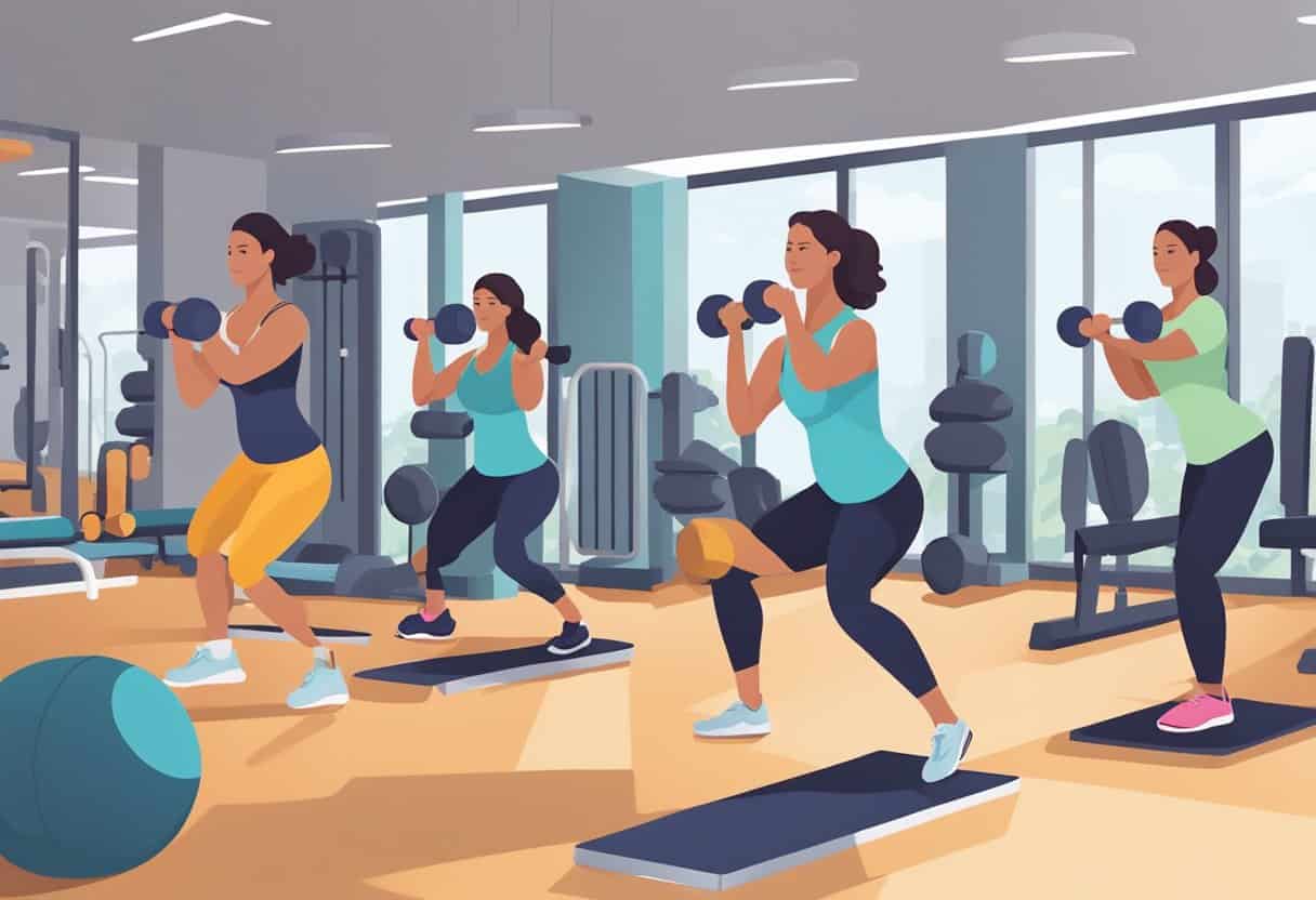 Women exercising in a gym, lifting weights and doing cardio to combat menopause weight gain
