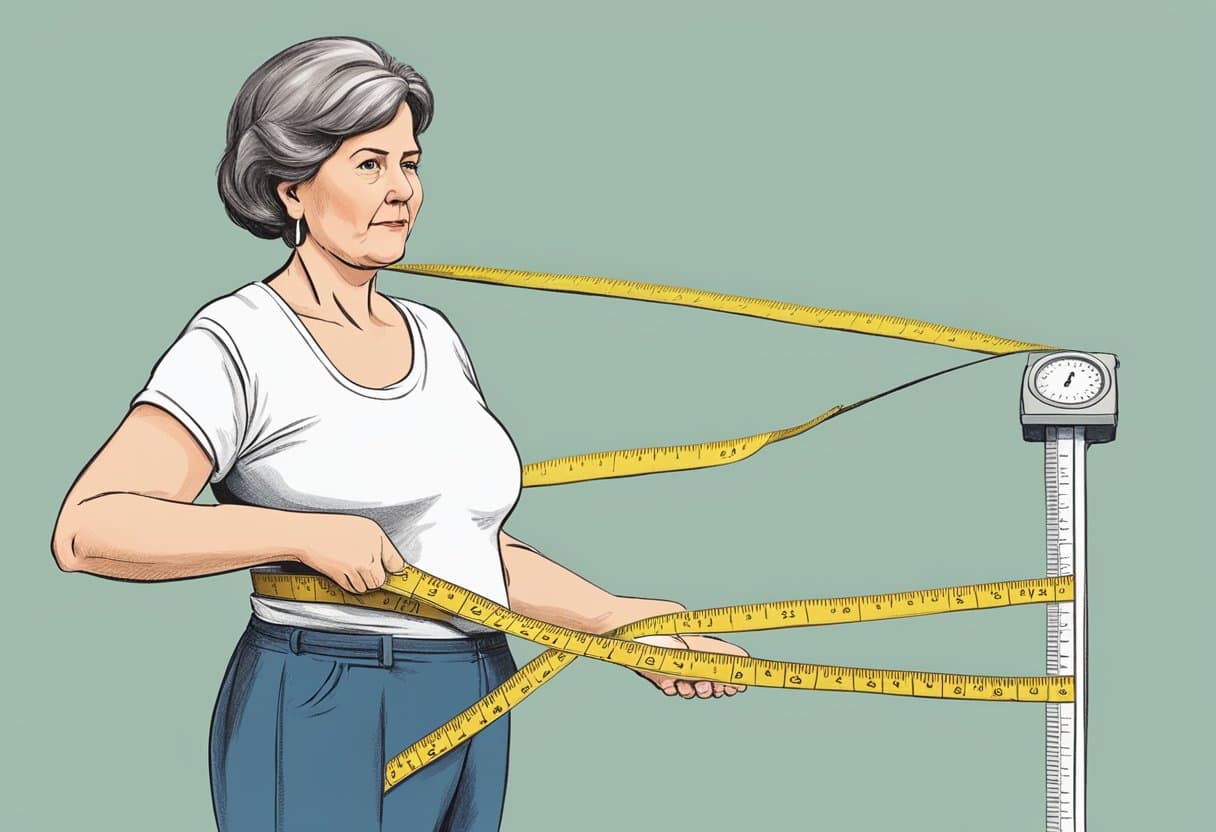 A middle-aged woman stands on a scale, looking concerned as the numbers climb. Her waistband feels tight, and she holds a tape measure around her midsection