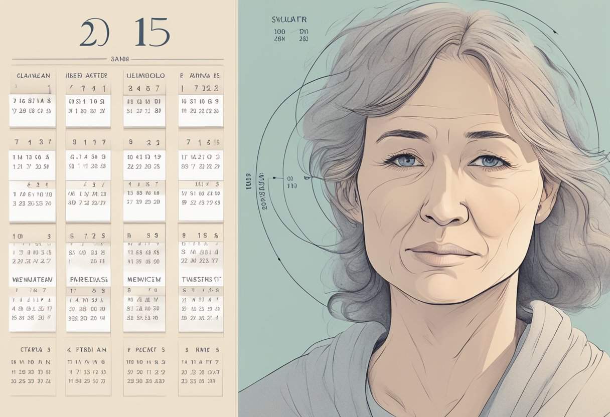 A calendar with the date circled, a woman's age written next to it, and a series of physical and emotional symptoms listed below