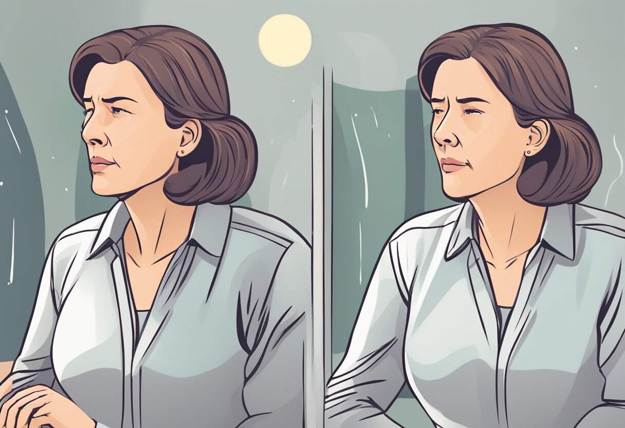 A woman in her late 30s or 40s experiencing hot flashes, irregular periods, mood swings, and fatigue. These symptoms may indicate the onset of perimenopause