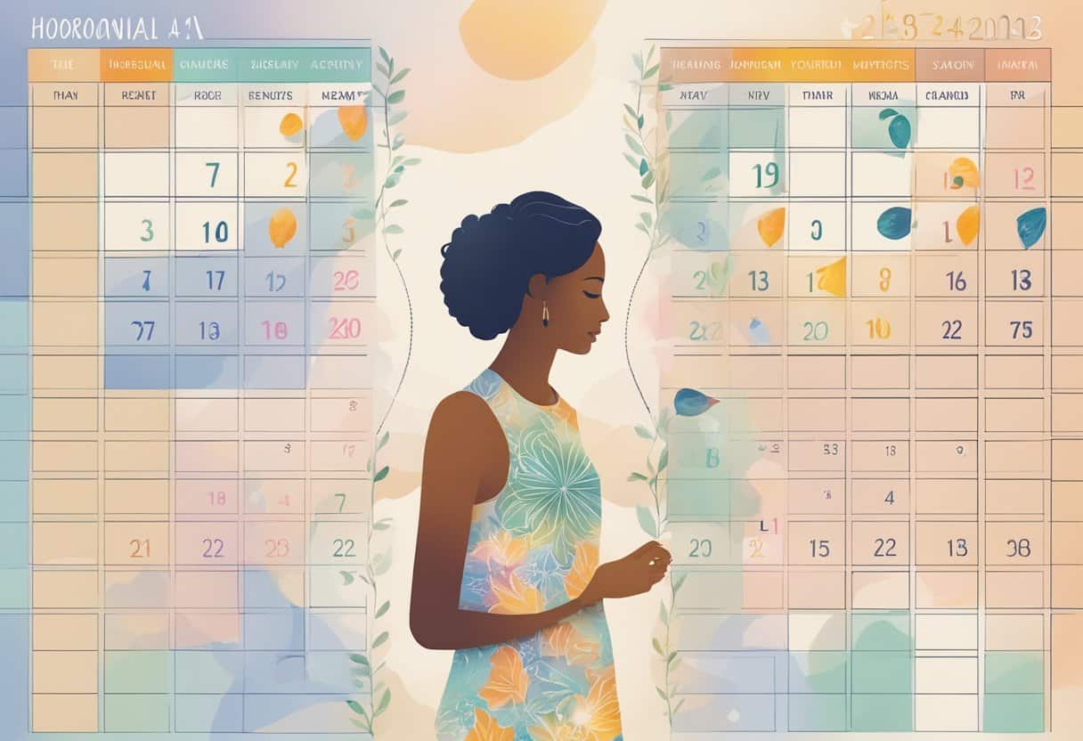 A calendar with dates marked, a woman's silhouette, and symbols representing hormonal changes