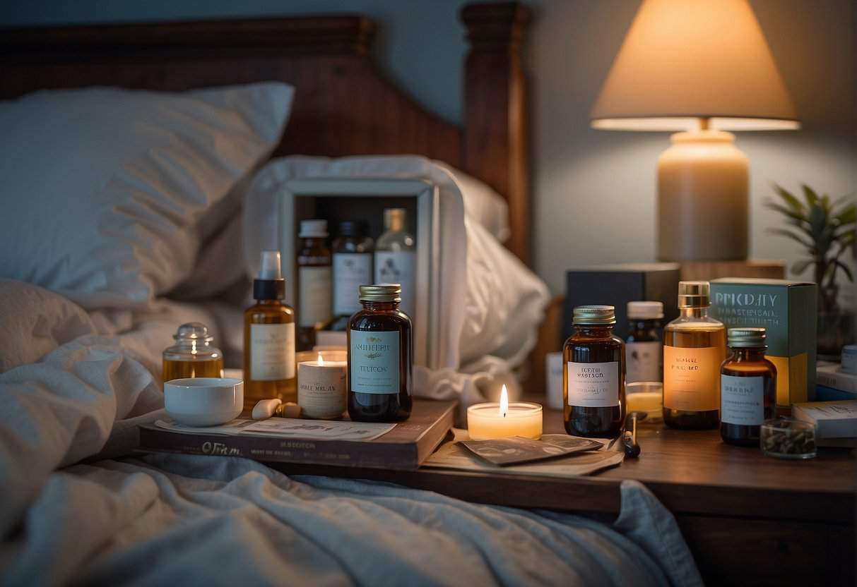 A woman in bed surrounded by various sleep aids: herbal teas, essential oils, and a fan. A book on menopause sits on the nightstand