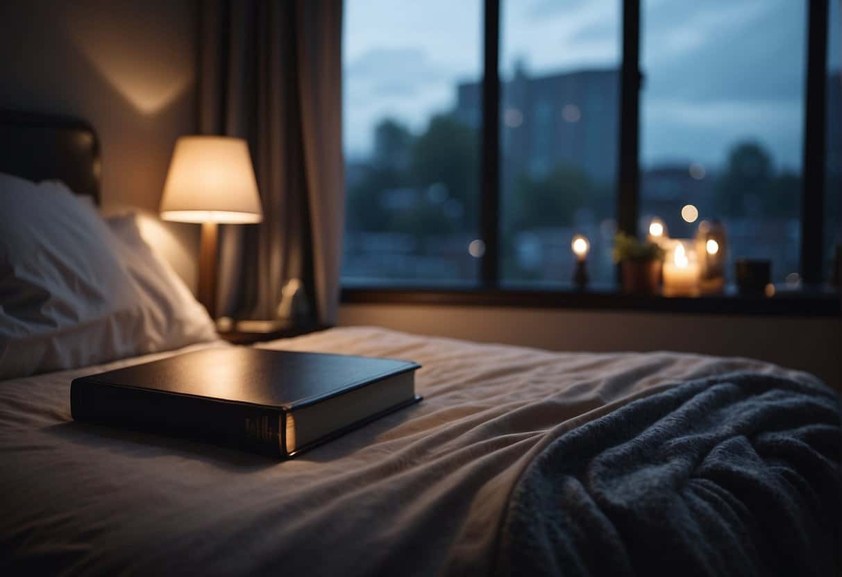 A serene bedroom with dim lighting, a cozy bed, and calming decor. A book on menopause and sleep improvement sits on the nightstand