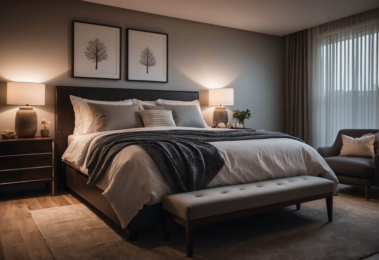 A serene bedroom with dim lighting, a comfortable bed, and a cool, quiet atmosphere. A fan or white noise machine may be present to drown out any disruptive sounds