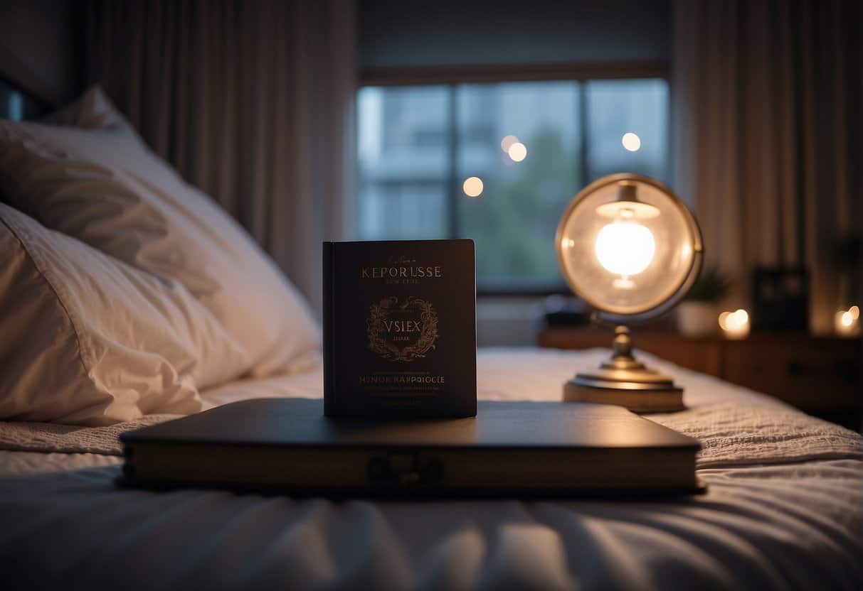 A serene bedroom with dim lighting, a cozy bed, and calming decor. A book on menopause sits on the nightstand