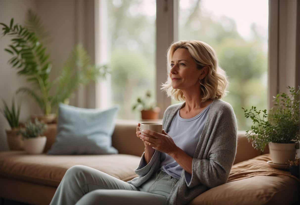 A woman sits in a cozy room, surrounded by calming colors and soft lighting. She holds a cup of herbal tea and breathes deeply, practicing mindfulness to manage her menopausal anxiety