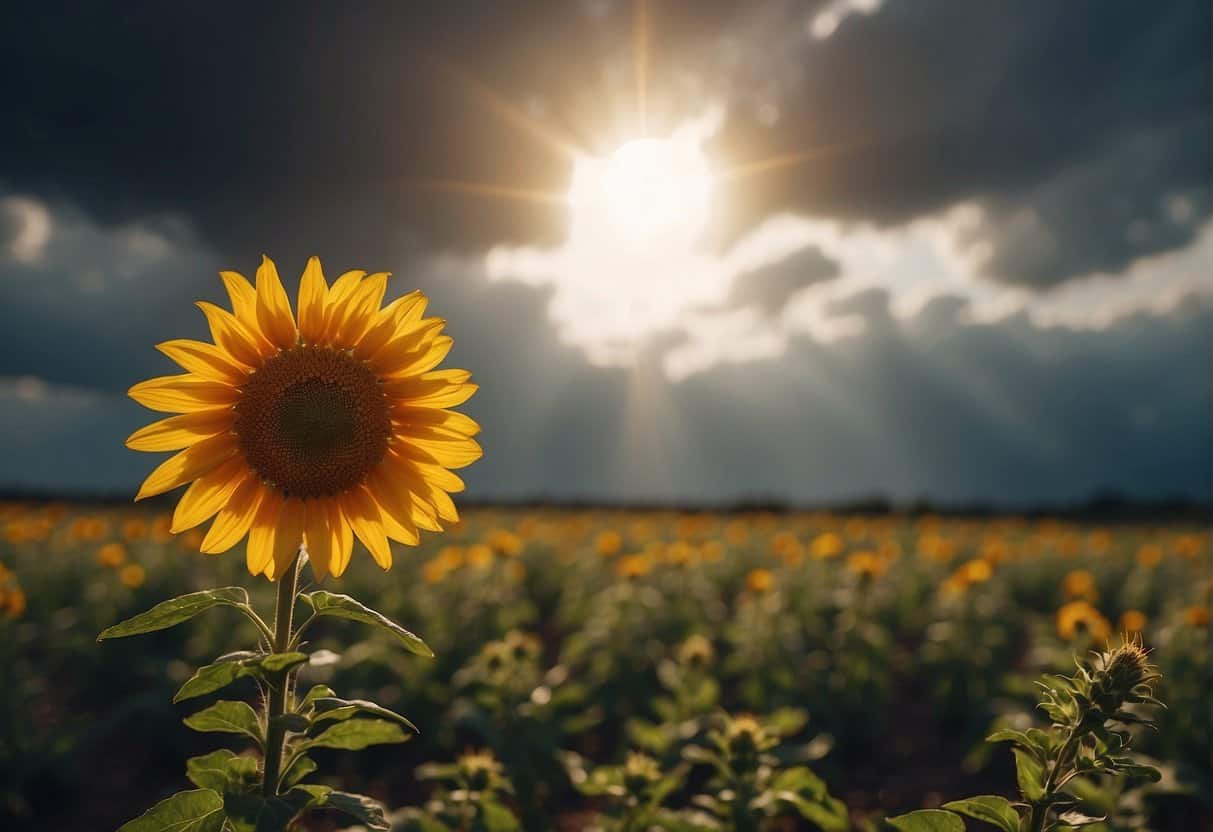A glowing sun radiates energy onto a wilting flower, while a storm cloud looms overhead