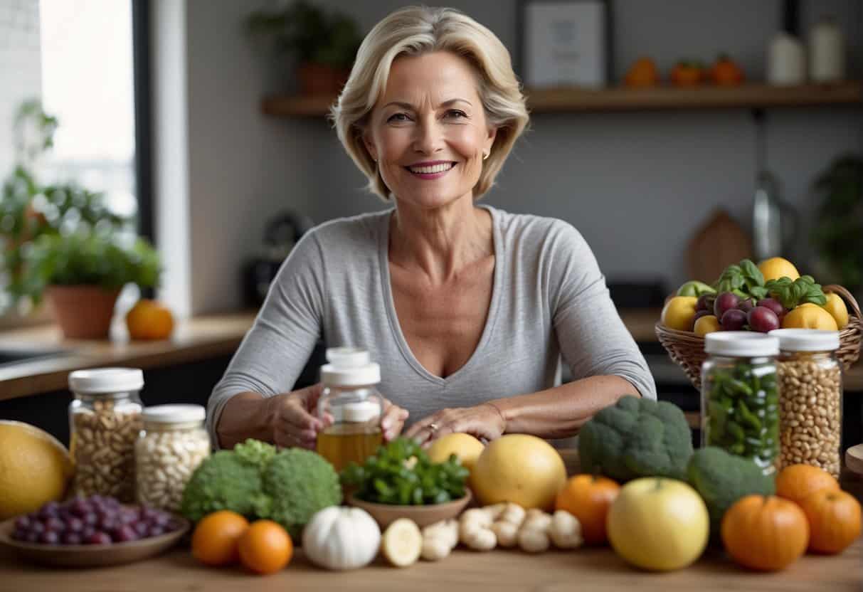 A woman in menopause, surrounded by healthy foods and supplements. She is engaging in light exercise and practicing relaxation techniques to boost her energy levels