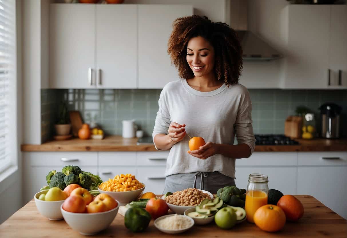 A woman preparing a balanced meal with fruits, vegetables, and whole grains. She is also engaging in light exercise such as yoga or walking to boost her energy levels during menopause