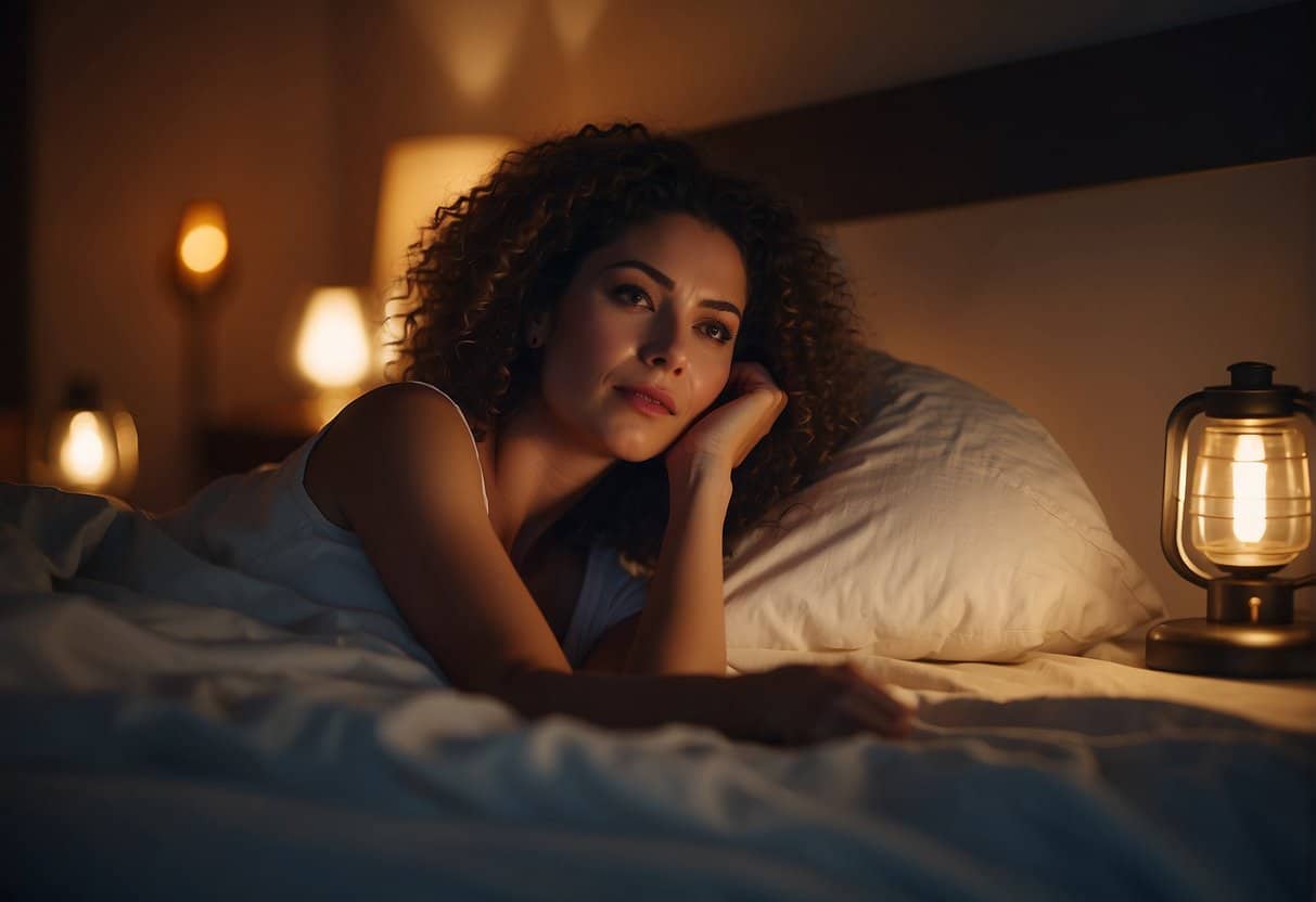 A woman lies in bed, surrounded by a warm glow as she experiences hot flashes during the night due to her lifestyle and diet