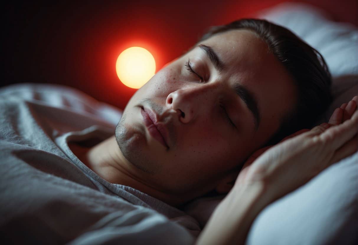 A person lying in bed, eyes closed, with a distressed expression, surrounded by a glowing red aura indicating intense heat