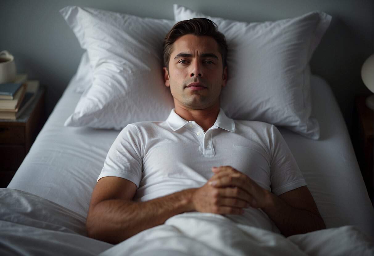 A person lying in bed, sweating and tossing, with a look of discomfort on their face