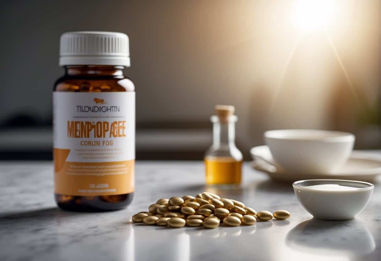 A bottle of supplements labeled "Menopause Brain Fog" sits on a clean, white countertop. A ray of light shines on the bottle, highlighting it