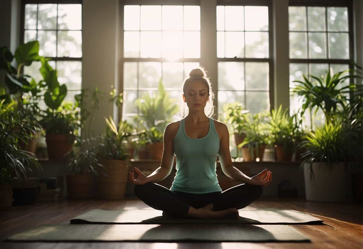 A serene woman practicing yoga in a sunlit room, surrounded by plants and natural light. A bookshelf filled with holistic wellness books is in the background