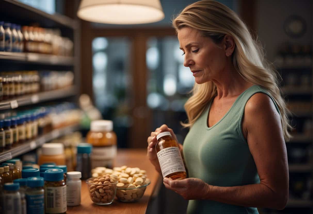 A woman reading a label on a bottle of supplements, surrounded by various products and information about menopause brain fog