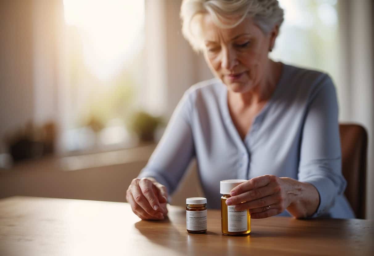 A woman reaching for a bottle of energy supplement with a list of recommended medications for menopause displayed on a table