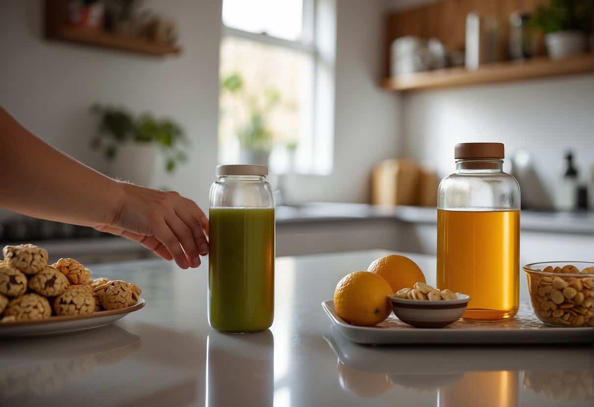 A woman reaching for a bottle of vitamins on a kitchen counter, with a cup of tea and a plate of healthy snacks nearby