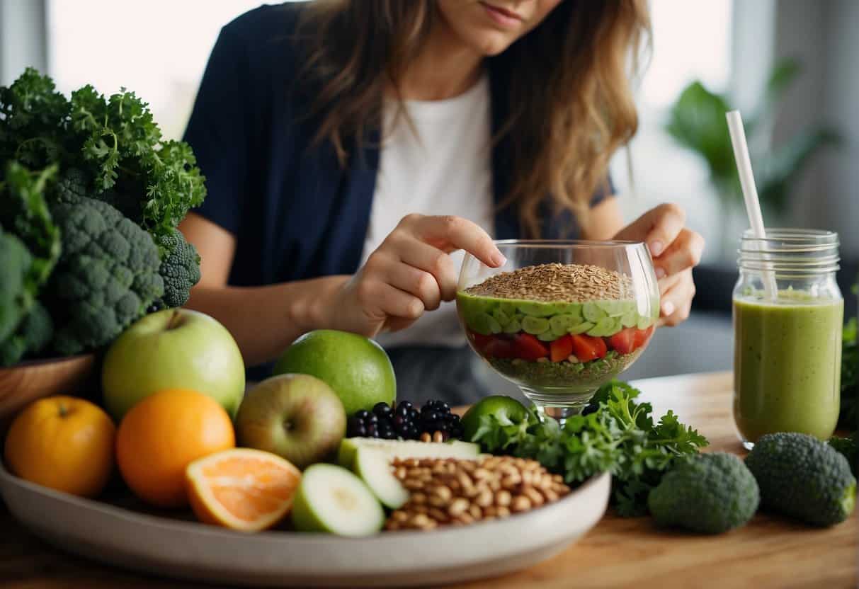 A table filled with vibrant fruits, vegetables, nuts, and seeds. A woman preparing a smoothie with ingredients like kale, berries, and flaxseeds. A bowl of quinoa and a glass of water nearby