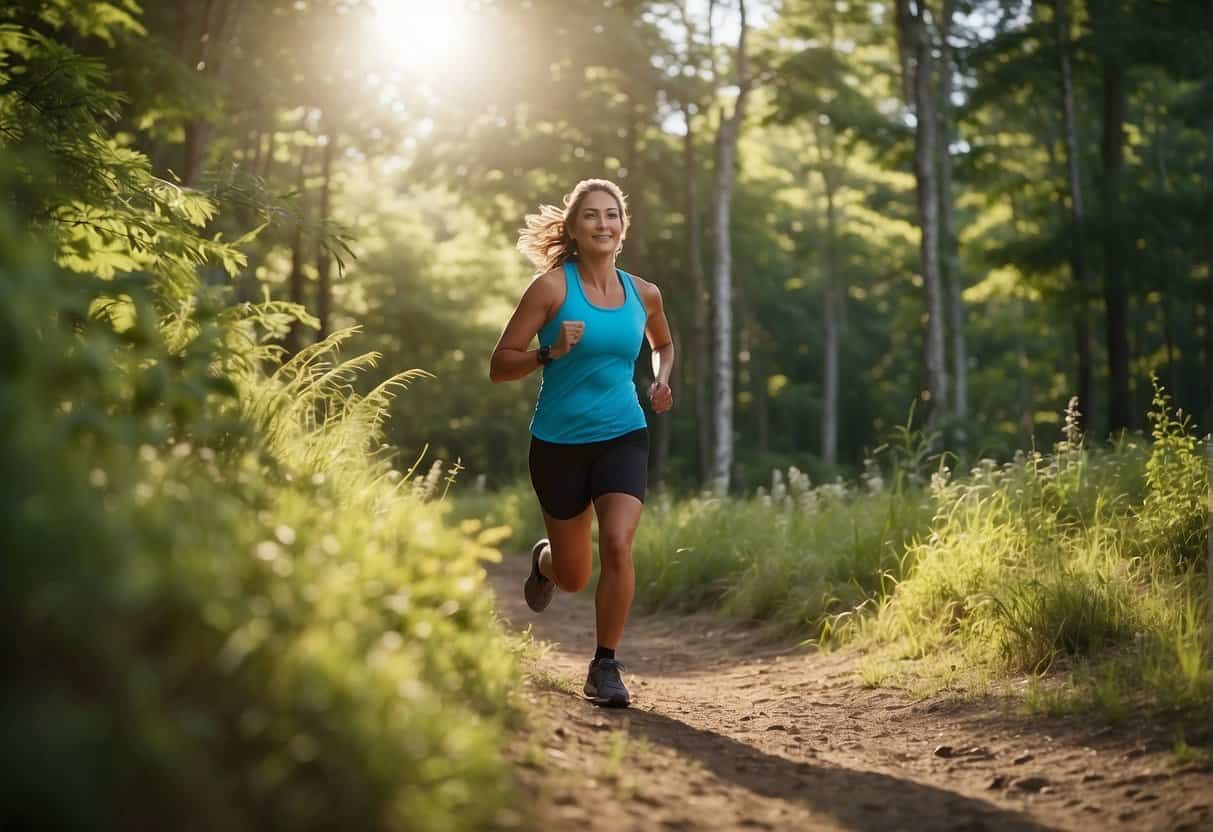 A woman running along a scenic trail, surrounded by lush greenery and a bright blue sky. She exudes energy and vitality as she moves with strength and purpose