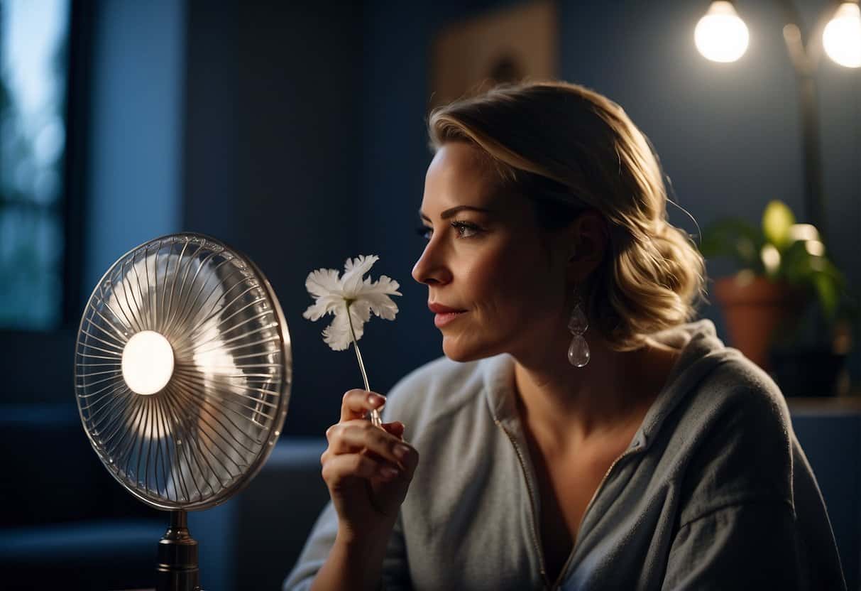 A woman sits in a cool, dimly lit room, sipping on a glass of ice water. She fans herself with a handheld fan while wearing loose, breathable clothing