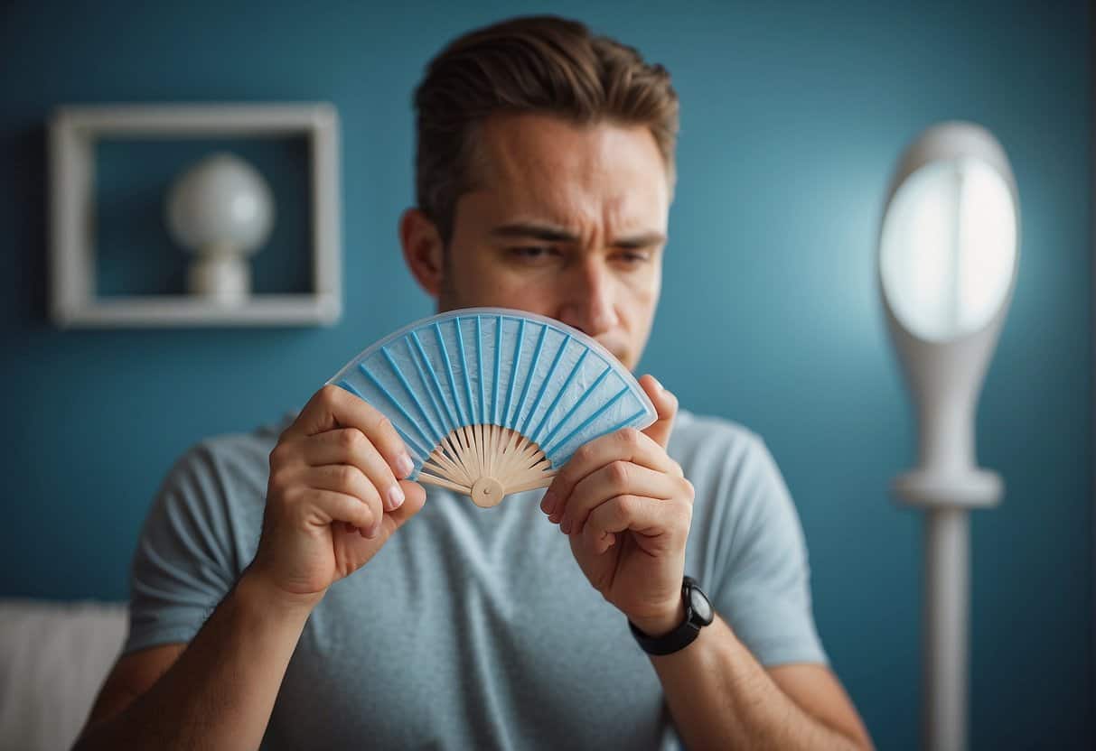 A person holding an ice pack to their forehead while standing in front of a fan