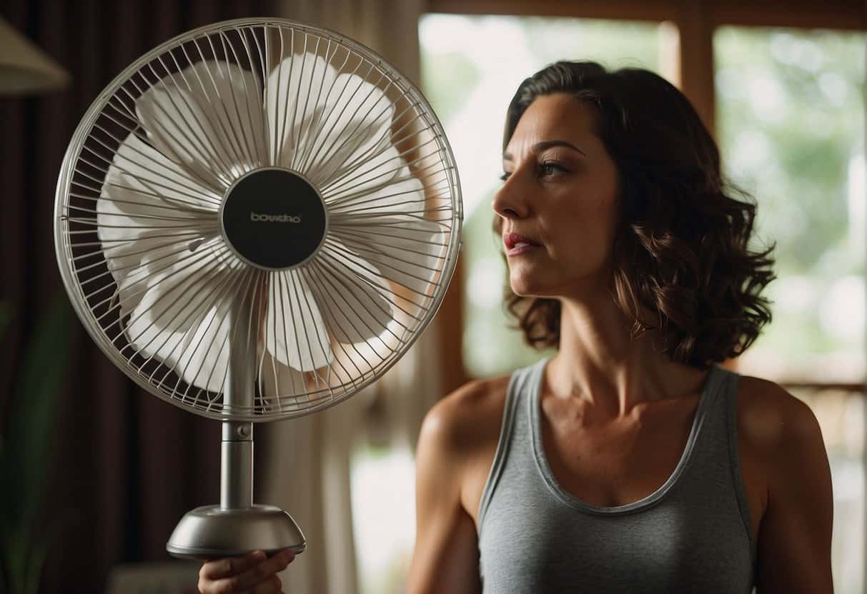 A woman stands in front of a fan, fanning herself as she sweats. She holds a glass of cold water and a fan, trying to cool down during a hot flash
