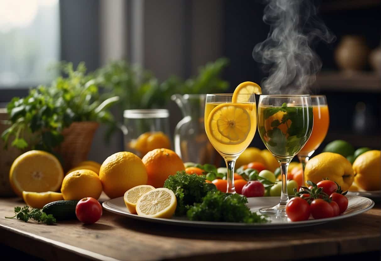 A table with colorful fruits, vegetables, and herbs. Steam rises from a bowl of soup. A glass of water with lemon slices sits nearby