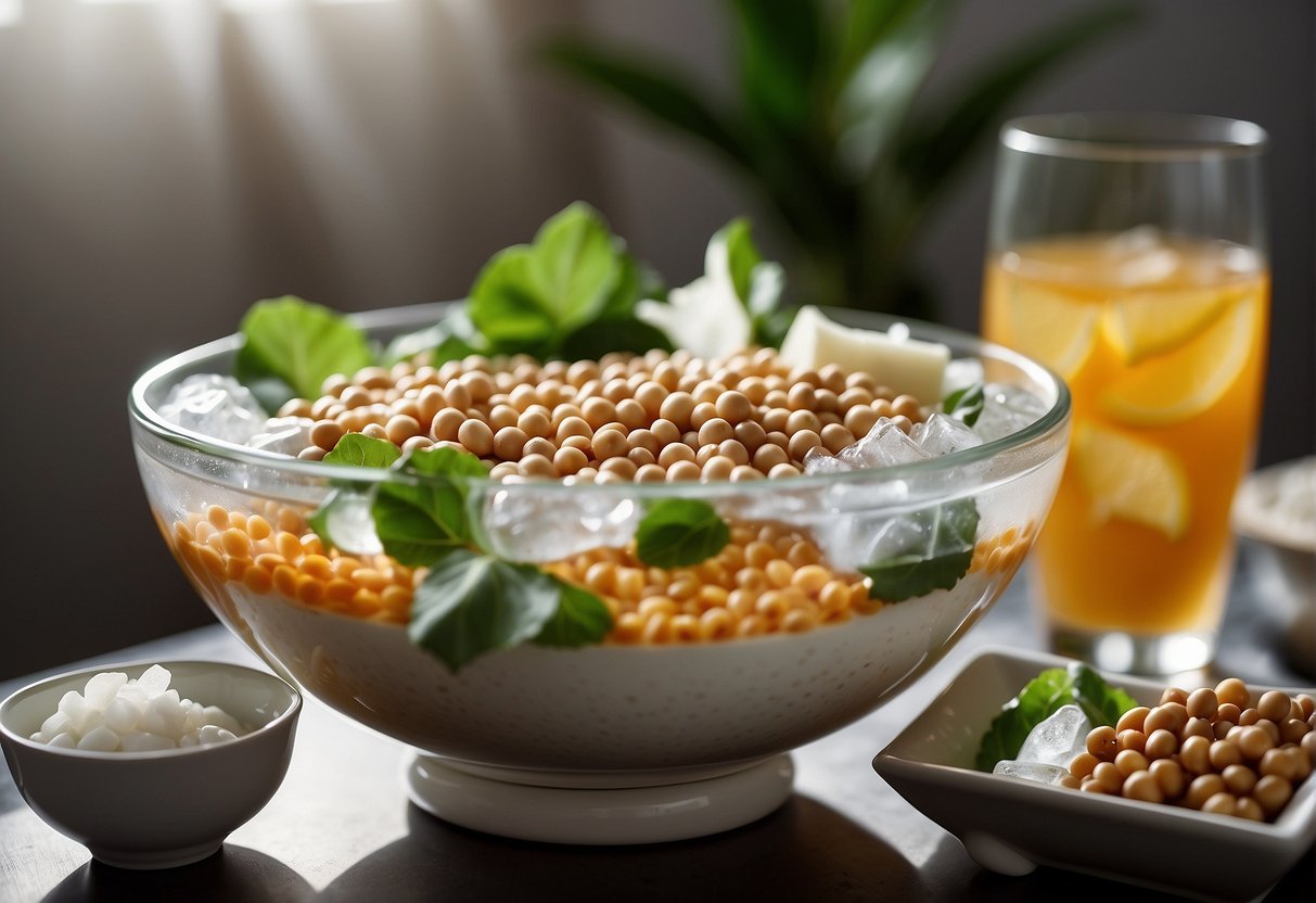 A bowl of soy-based foods surrounded by cooling items like ice, a fan, and a glass of water, representing relief from menopause symptoms