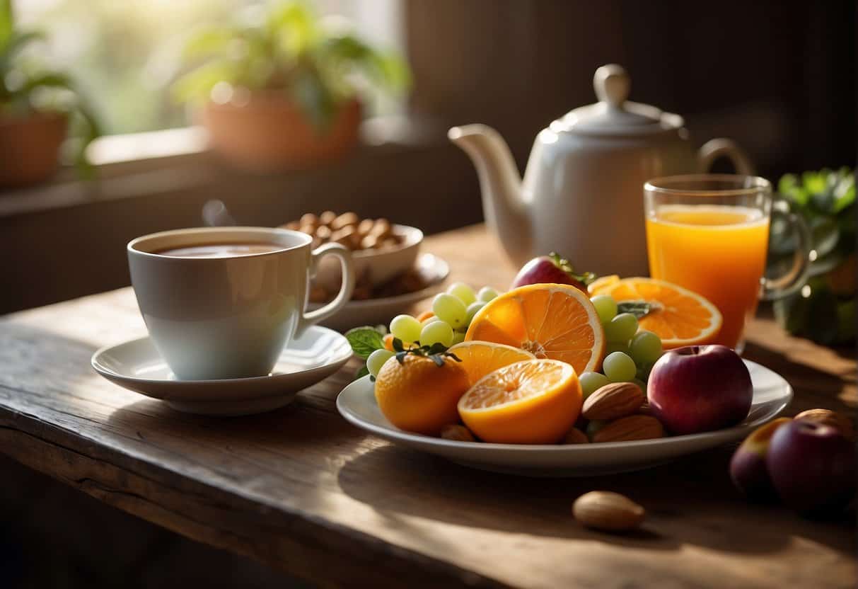 A table filled with colorful fruits, vegetables, and nuts, with a steaming cup of herbal tea, all surrounded by a soft glow of warmth