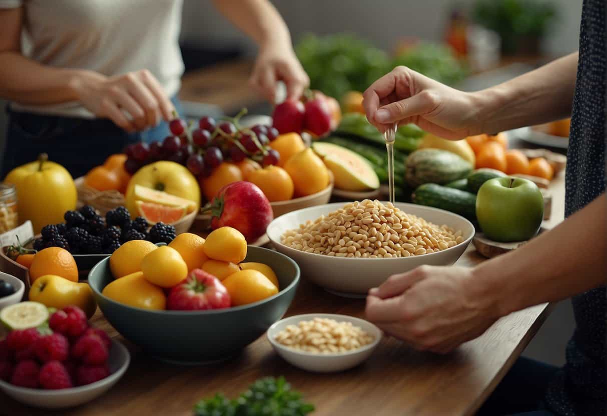 A table with various healthy food options, including fruits, vegetables, lean proteins, and whole grains. A woman preparing a balanced meal with a focus on portion control and nutrient-dense ingredients