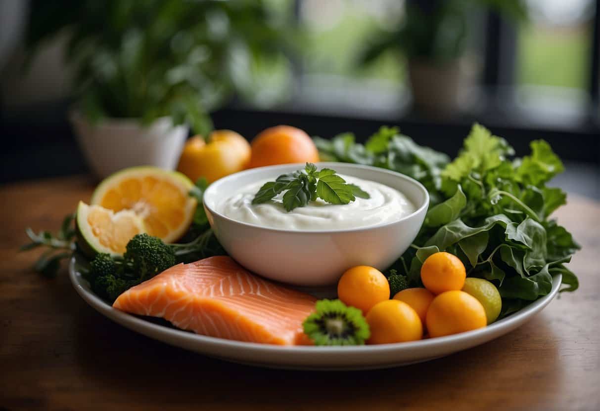A table with colorful fruits, vegetables, and lean proteins. A bowl of yogurt, a plate of salmon, and a variety of leafy greens