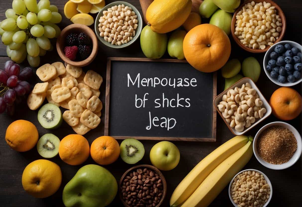 Various processed foods and sugary snacks are being pushed away or crossed out, while healthy fruits, vegetables, and lean proteins are highlighted as part of a menopause diet to lose weight