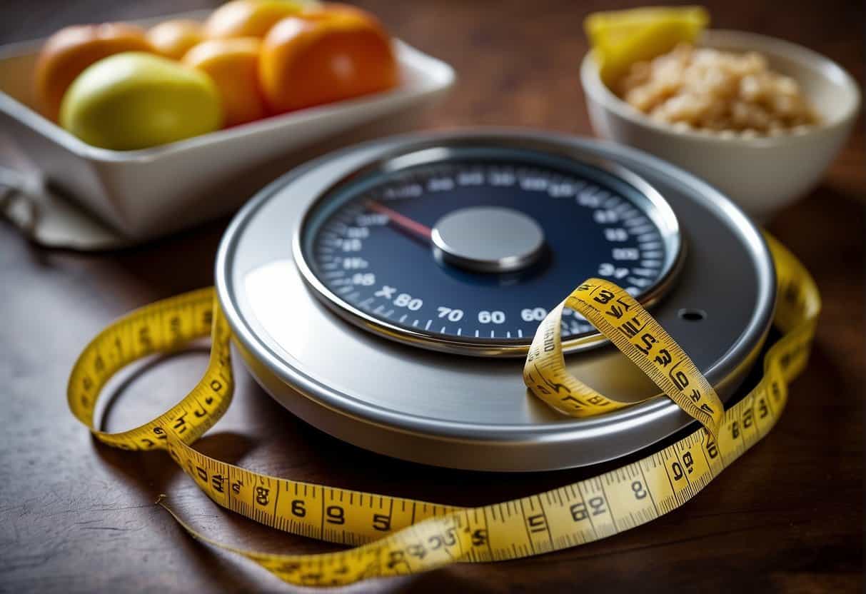 A scale showing decreasing numbers, a tape measure wrapping around a shrinking waist, and a plate with healthy food portions