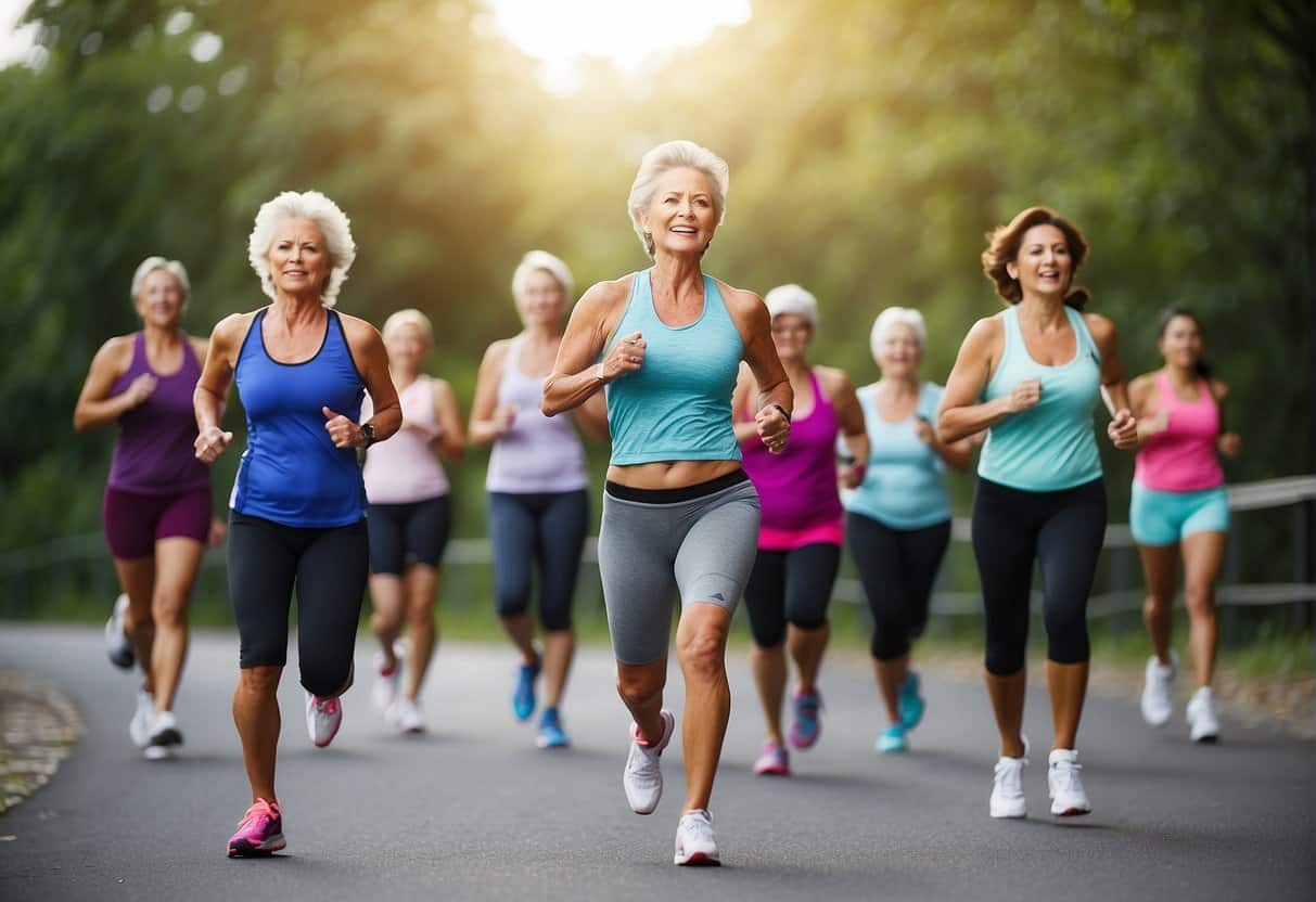Menopausal women engaging in aerobic exercises, such as jogging or cycling, to shed weight