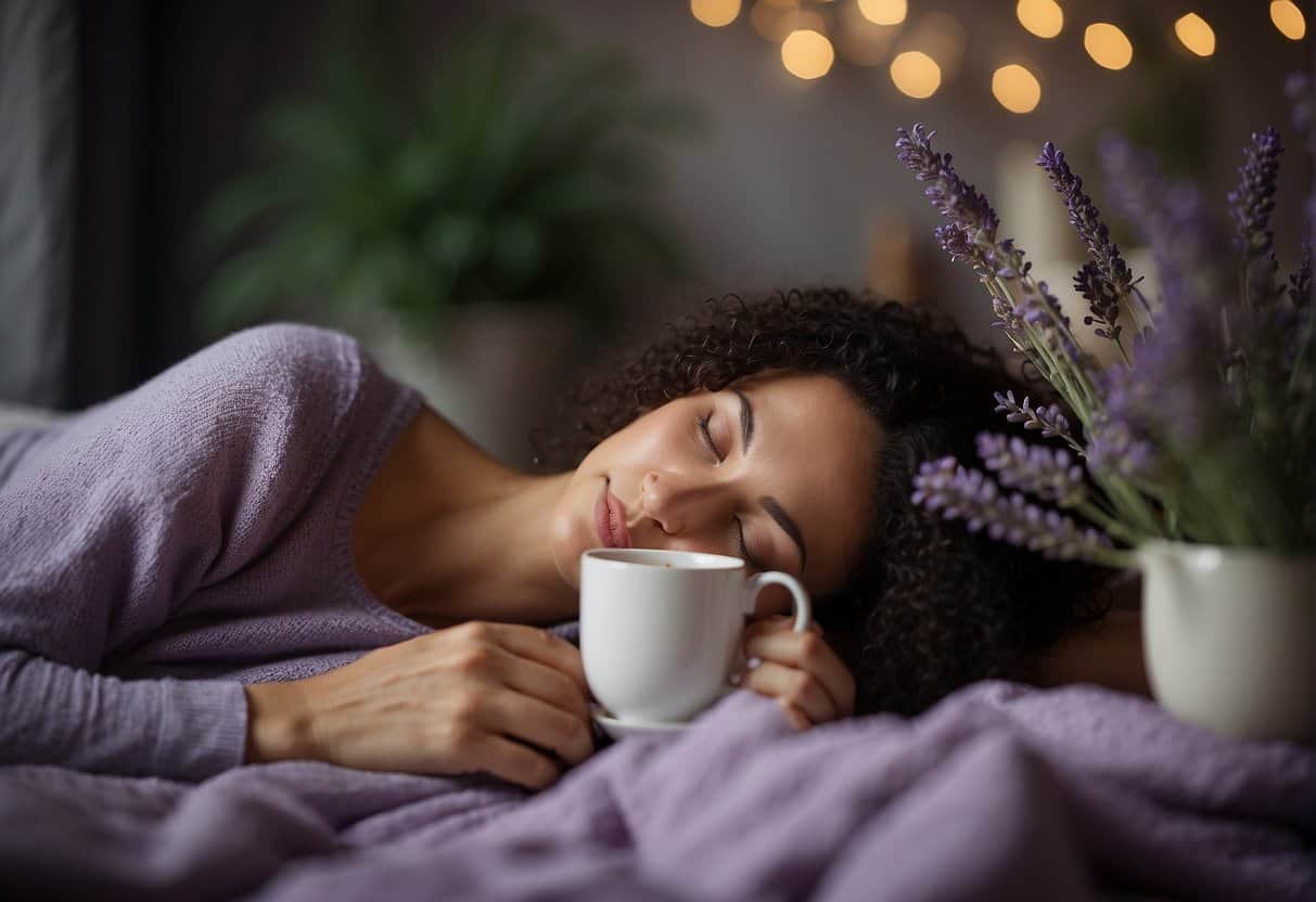 A woman peacefully sleeps, surrounded by calming elements like lavender and a warm cup of herbal tea, symbolizing relief from stress and weight loss after menopause