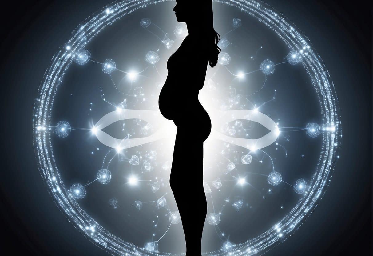 A woman's silhouette with a rounded midsection, symbolizing menopause belly, surrounded by hormonal symbols and a fading waistline