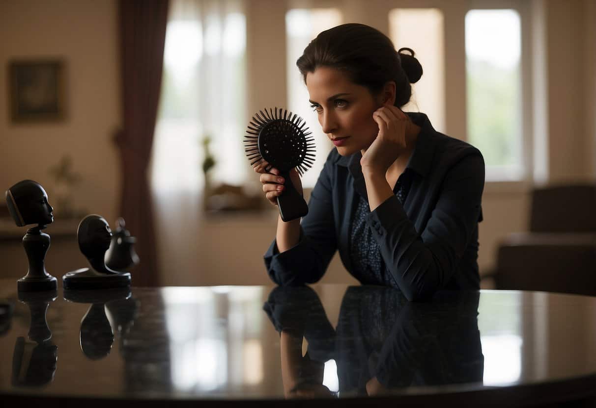 A woman's silhouette with a concerned expression, looking at a clump of hair in her hand. Hairbrush and mirror on the table