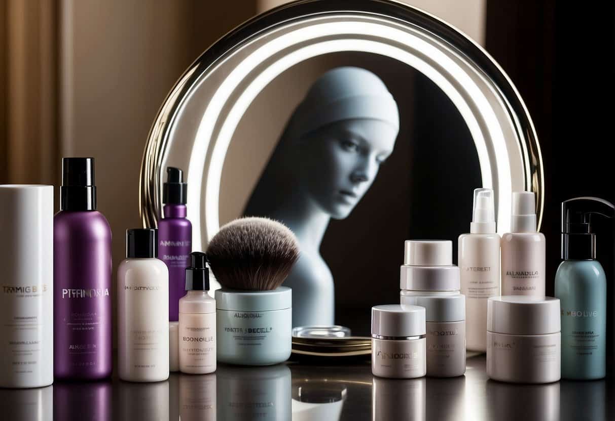 A woman's silhouette with hair loss treatment products and a mirror, symbolizing menopausal hair loss and potential treatments