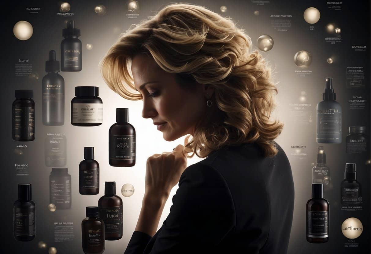 A woman's silhouette surrounded by hair care products and a calendar marking menopause