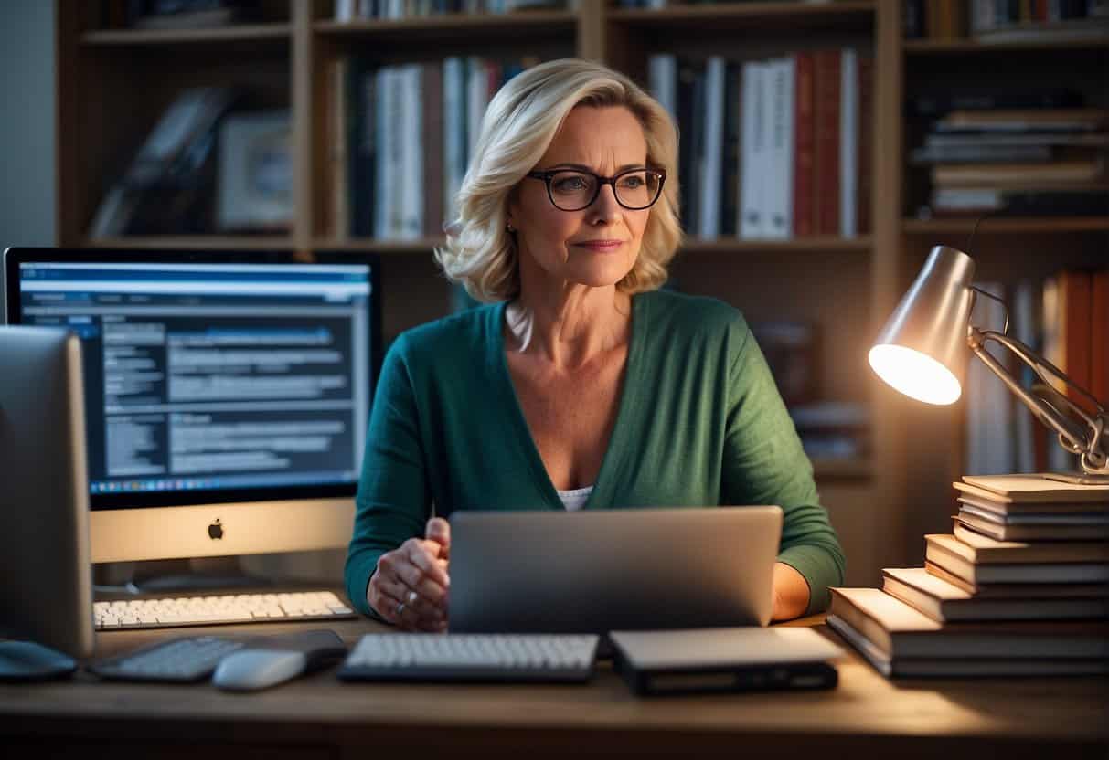 A woman researching menopause treatment options, surrounded by medical books and a computer, with a focus on joint pain relief
