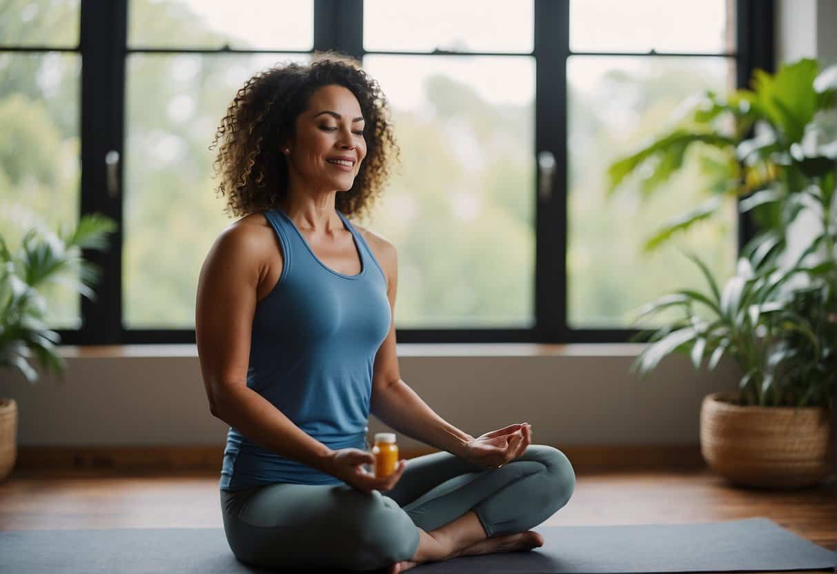 A woman practices yoga and takes supplements to manage menopausal joint pain